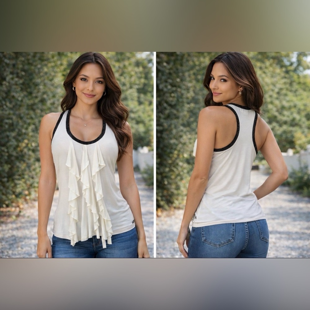 Guess LA Tank Top L Large White Black Silver Trim Ruffle Racerback y2K NEW NWT